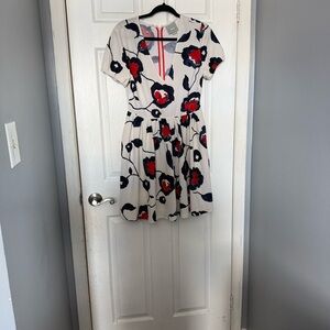 Maeve Anthropology V-Neck Fit & Flare Dress in White with Red & Navy Print